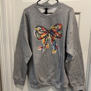 Gildan Gray Crewneck Sweatshirt with Colorful Holiday Light Bow